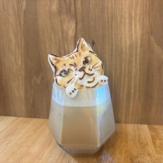 アイスカフェラテに乗せた猫の3Dラテアート